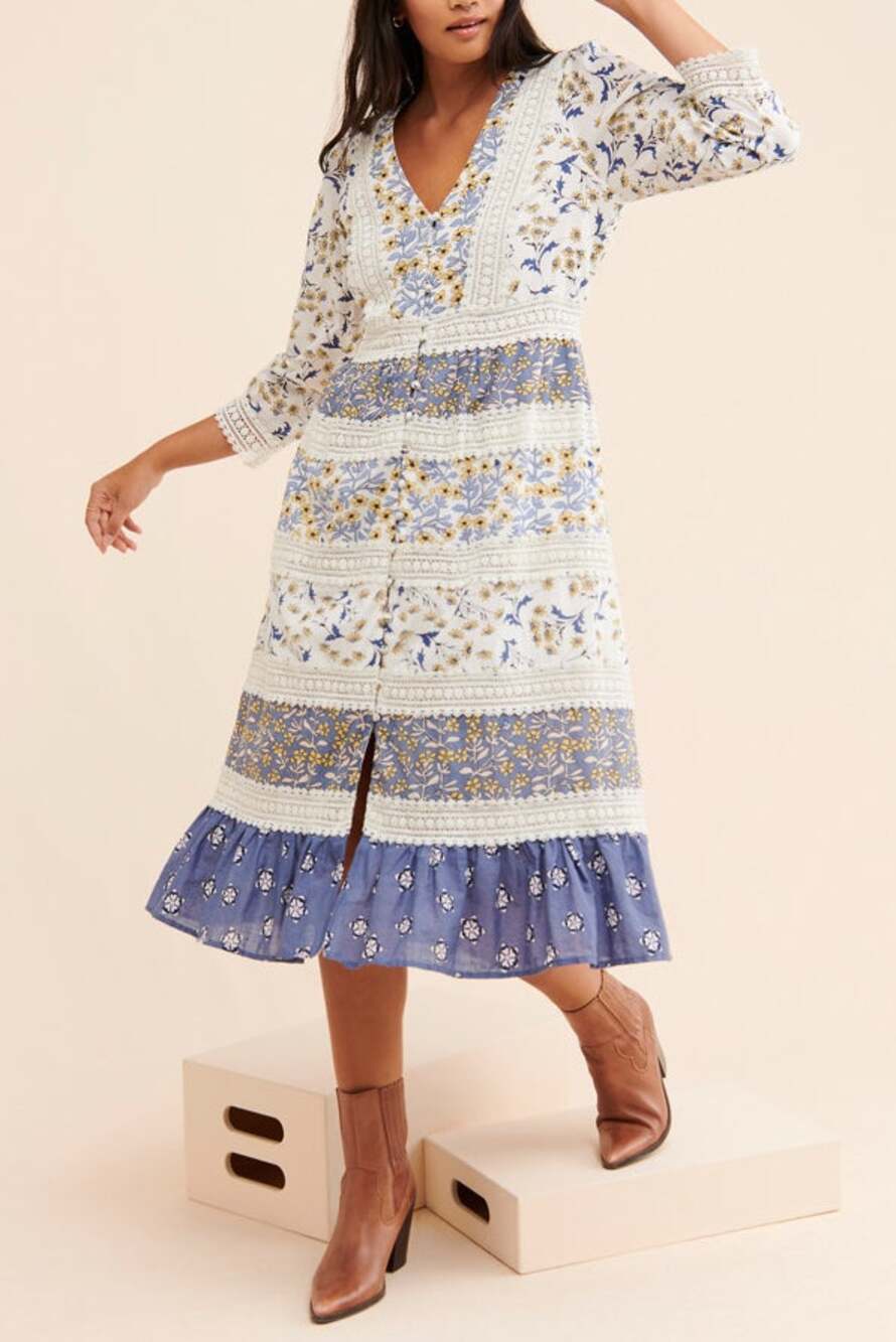 ANTHROPOLOGIE Roberta Midi Dress Floral Lace Tiered Sz 2 $188 {Q41}